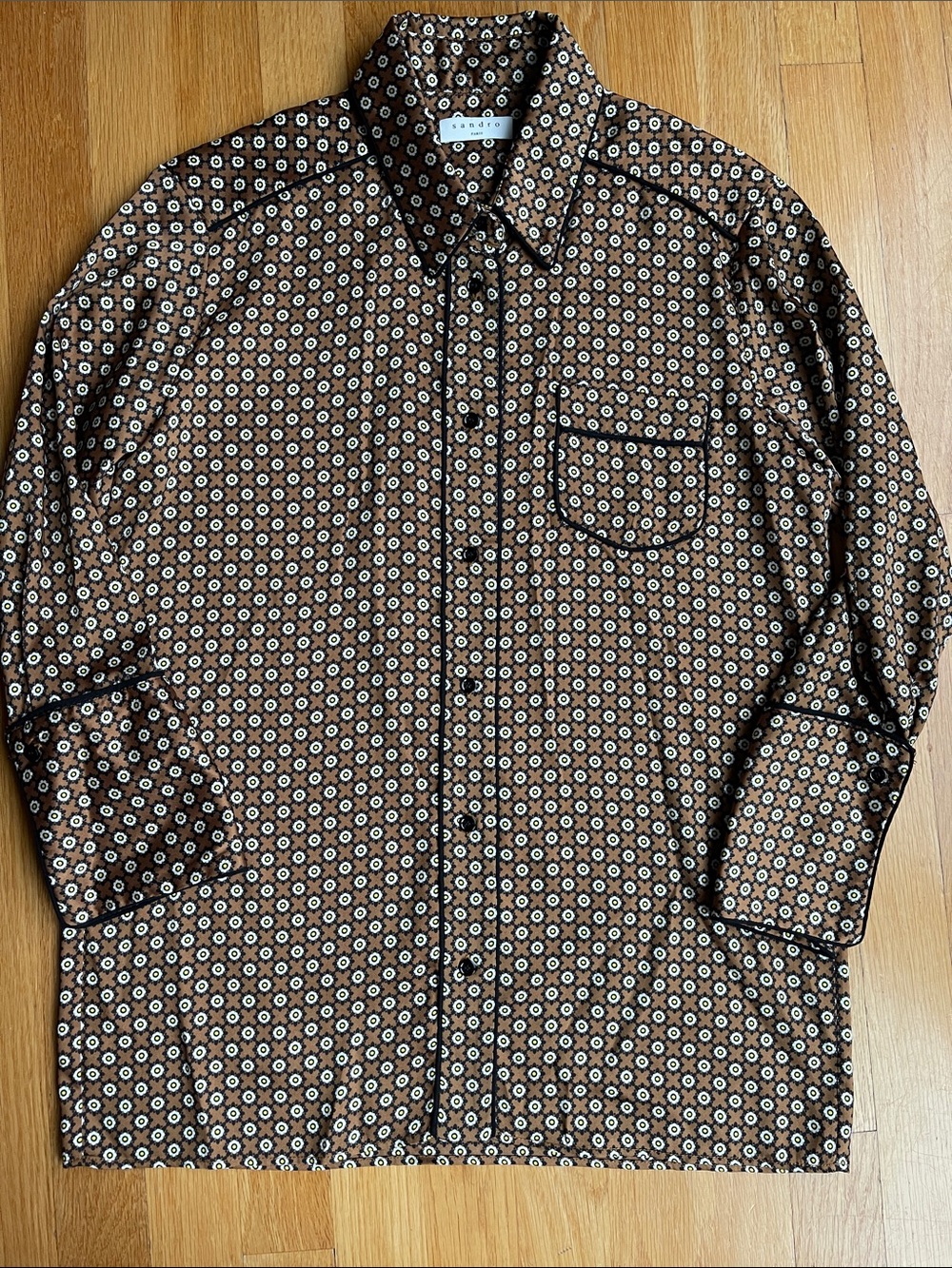 Sandro Brown and White Geometric-Print Button-Down Blouse